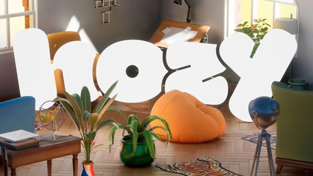 a room with plants and seats, 'hozy' in the background